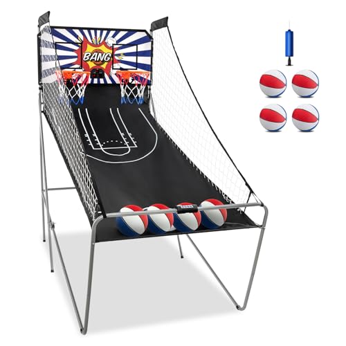 KOTEK Basketball Arcade Game Indoor, Foldable Dual Shot Electronic Basketball Games for 2 Players w/8 Game Options & LED Scoring System, Basketball Hoop Arcade for Family Home Play (Blue/White) - color: Blue/White