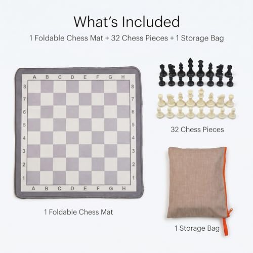 Portable Chess Mat Set for Kids & Beginners – 14.6” x 14.6” Foldable Chess Board with Pieces & Storage Bag | Soft Fabric Chess Mat with Coordinates | Travel-Friendly Indoor Chess Game