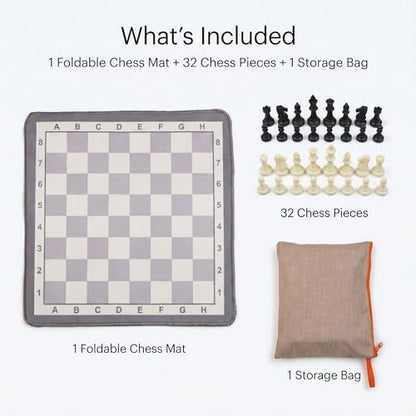 Portable Chess Mat Set for Kids & Beginners – 14.6” x 14.6” Foldable Chess Board with Pieces & Storage Bag | Soft Fabric Chess Mat with Coordinates | Travel-Friendly Indoor Chess Game
