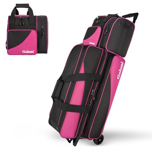 Goloni 3 Ball Bowling Bag with Wheels, Rolling Bowling Roller Bag with Retractable Handle for Balls & Bowling Accessories - color: 4 Ball-Pink