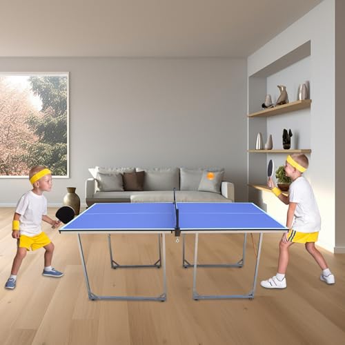 Prime 6ft Mid-Size Table Tennis Table Portable & Foldable Ping Pong Table Set for Indoor & Outdoor Games with Net, 2 Table Tennis Paddles and 3 Balls