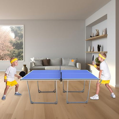 Prime 6ft Mid-Size Table Tennis Table Portable & Foldable Ping Pong Table Set for Indoor & Outdoor Games with Net, 2 Table Tennis Paddles and 3 Balls