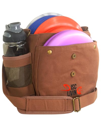 Disc Golf Bag | Frisbee Golf Bag | Easy to Carry | Lightweight Fits Up to 10 Discs | 16 oz Waxed Canvas Sturdy Design | Belt Loop | Double Button Design | Bottle Holder - style: Waxed Canvas - Brown