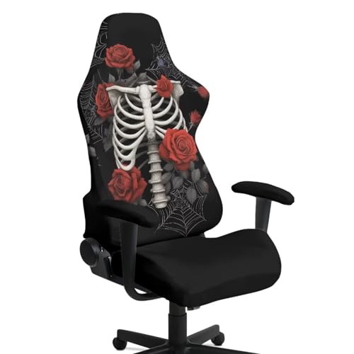 Skeleton Rose Print Gaming Chair Covers Slipcovers Spider Web Print Gamer Desk Chair Cover with 2 Armrest Covers Fits Most Office/PC Chairs & Racing Style Seats, Home Decor - color: Black - Skeleton Rose Spider Web