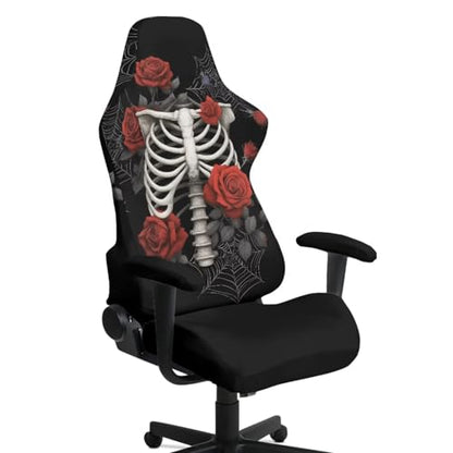 Skeleton Rose Print Gaming Chair Covers Slipcovers Spider Web Print Gamer Desk Chair Cover with 2 Armrest Covers Fits Most Office/PC Chairs & Racing Style Seats, Home Decor - color: Black - Skeleton Rose Spider Web