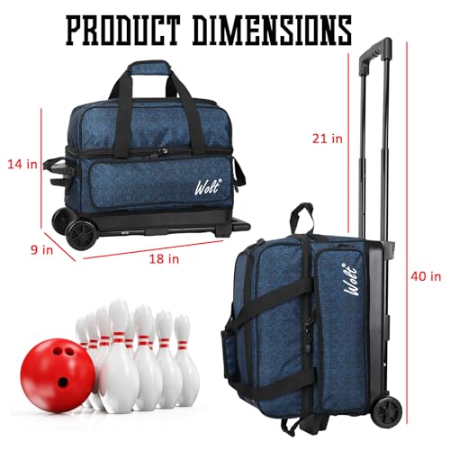 WOLT Double Roller 2 Ball Bowling Bag with Separate Shoe Compartment, Large Capacity Bowling Ball Bag with Accessory Pocket, Retractable Handle Extends to 40" - color: HealthBlue