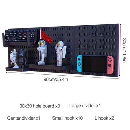 Black Punchboard, Hanging Board Combo Kit, Bedroom Storage Rack, No Drilling Required, Study/Gaming Room Wall-Mounted Modular Shelving Display Panels(11.8x35.4in) - size: 11.8x35.4in