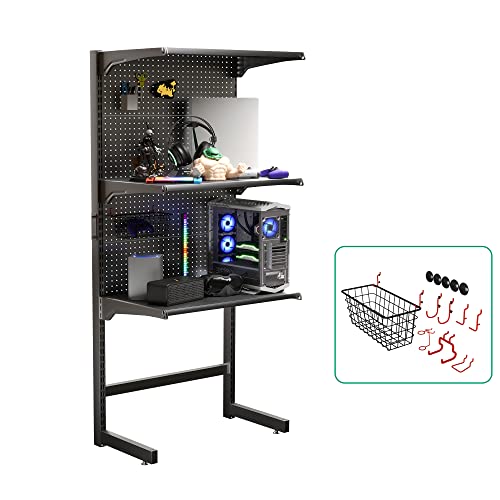 JWX DDB Gaming Standing Shelf Units, 30‘’ Free Standing Gaming Shelf Pegboard Cabinet with Home Office Metal Pegboard and 15 Pieces Organizer Tool Holders - color: Frosted Black