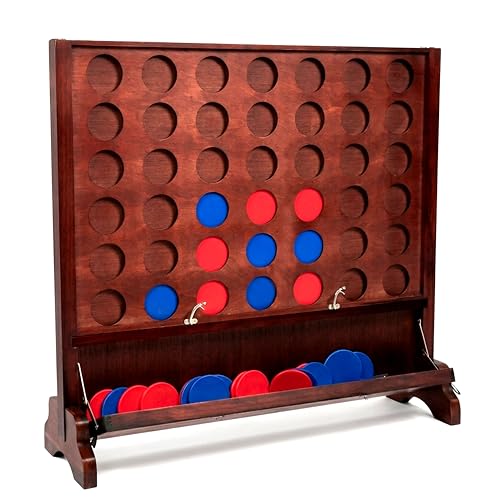 Giant Wooden 4 in A Row Game with Foldable Tray, Indoor Outdoor Games, Includes Carry Case,42 Chips and 2 Detachable Legs, 2 Style: Wall-Mount or Ground Play