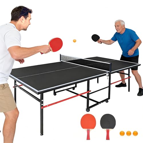 Mid-Size Table Tennis Game Set,Foldable Ping Pong Table for Indoor/Outdoor with Net,Single Player Playback Mode Ping Pong Table,10 Minute Quick Assembly,2 Table Tennis Paddles and 3 Balls - color: Black