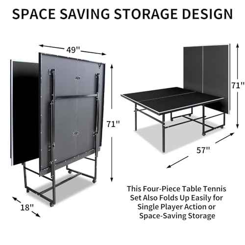 Ping Pong Table Foldable Indoor 8/8.5/9FT Single Player Playback Mode Game Set with Paddles and Balls - color: Black-9x4.1FT