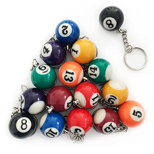Colorful Billiard Ball 16 Pcs,Mini Key Chain Balls Eightball Billar Chains Accessories