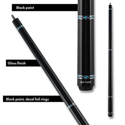 Action VAL26 Value Series Pool Cue - 58" Cue - Hard Maple Shaft with 13mm Boar Skin Tip - Black with Silver Rings - size: 21oz
