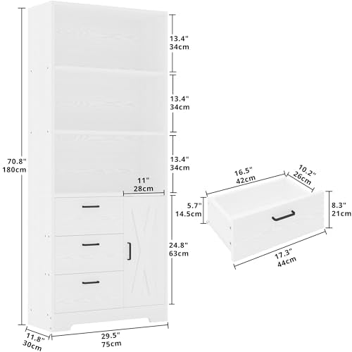 IRONCK Bookshelf with Doors and 3 Drawers 71 in Tall Bookcase with 3-Tier Shelves, Industrial Book Shelf with Storage for Living Room Entrance Hallway Home Office, White - color: White