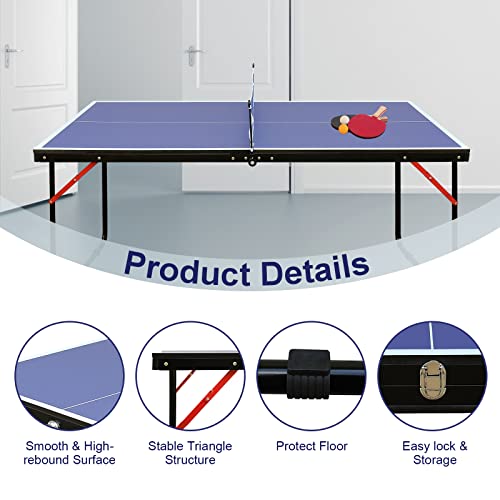 4FT/6FT/8FT/9FT Folding Rolling Table Tennis Table Regulation Ping Pong Table with 2 Paddles 3 Balls 1 Net and Post Set Fold-Up Design 4 Wheels for Easy Movement - size: 4 Ft