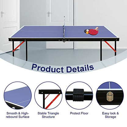 4FT/6FT/8FT/9FT Folding Rolling Table Tennis Table Regulation Ping Pong Table with 2 Paddles 3 Balls 1 Net and Post Set Fold-Up Design 4 Wheels for Easy Movement - size: 4 Ft
