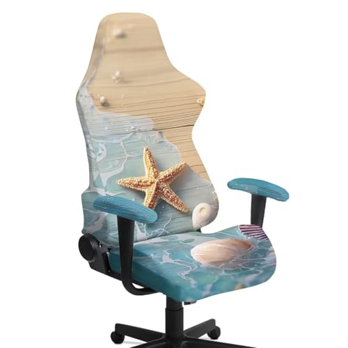 Suobstales Beach Starfish Seashell Conch Wood Print Gaming Chair Covers Slipcovers, Stretchable Elastic Computer Reclining Gaming Chair Seat Cover with Armrest Cover (No Chairs) - color: Beach Starfish Seashell Conch Wood