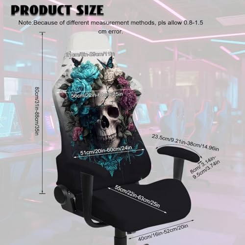 4 Pieces Gaming Chair Slip Cover Set Skull Rose Butterfly Print Game Chair Cover with Armrest Covers, Universal Fit, Machine Washable - color: Black - Skull Rose Butterfly