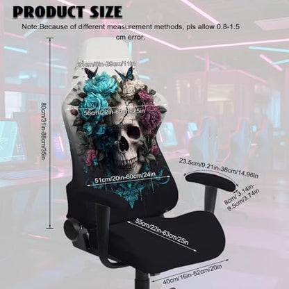 4 Pieces Gaming Chair Slip Cover Set Skull Rose Butterfly Print Game Chair Cover with Armrest Covers, Universal Fit, Machine Washable - color: Black - Skull Rose Butterfly