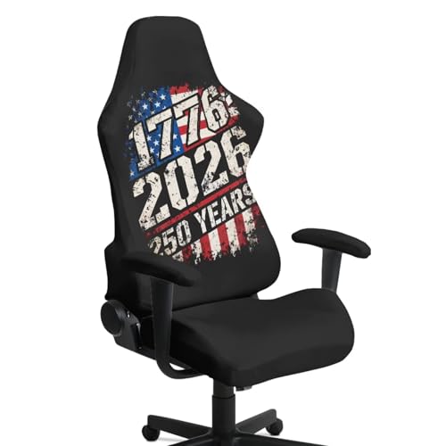 American Flag Print 4Pcs Gaming Chair Slip Cover Set United State 250th Anniversary Game Chair Cover with Armrest Covers, Universal Fit, Machine Washable - color: Black and Multi - American Flag