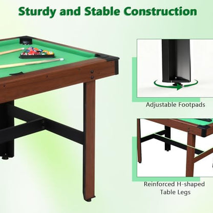 48" Pool Table Portable Billiard Table for Kids & Adults with 2 Cues, Triangle Rack, Compact Wooden Game Table for Home, Game Room, Indoor & Outdoor