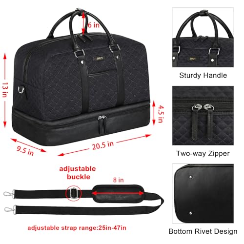 Weekender Bag for Women, Large Overnight Bag Canvas Travel Duffel Bag Carry On Tote with Shoe Compartment 21" 3Pcs Set - color: B03-(single)-black+black