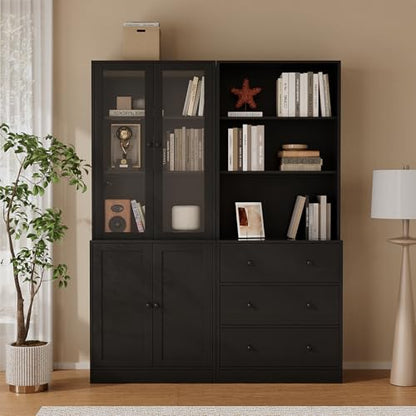 TUSY 71" H Bookshelf with Storage, 6-Tier Modern Bookshelves with 3 Large Drawer, Display Bookcase with Glass Doors, Modern 5-Tier Curio Cabinet for Home Office, Dining Room (Black, AB) - color: Black