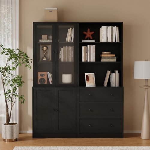 TUSY 71" H Bookshelf with Storage, 6-Tier Modern Bookshelves with 3 Large Drawer, Display Bookcase with Glass Doors, Modern 5-Tier Curio Cabinet for Home Office, Dining Room (Black, AB) - color: Black