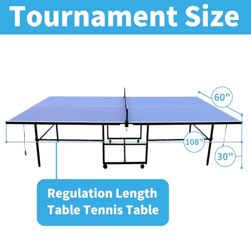 9FT Ping Pong Table Rolling Foldable Table Tennis Table for with Net, Table Tennis Paddles and Balls, Multi-Use Family Game Table for Teenager Adult, Folded with Single Player Playback Mode