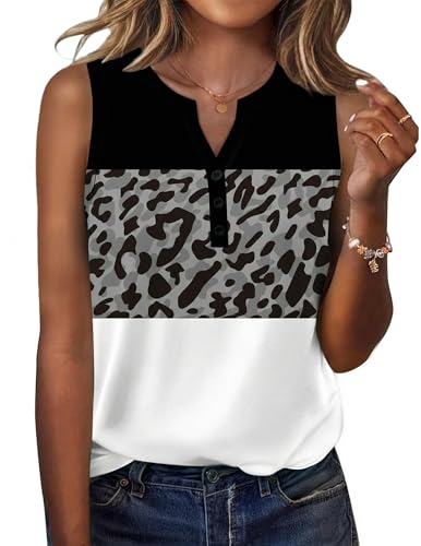 Zeagoo Womens Tank Tops 2026 Loose V Neck Spring Summer Tops Business Dressy Sleeveless Shirts - color: Leopard Patchwork, size: X-Large