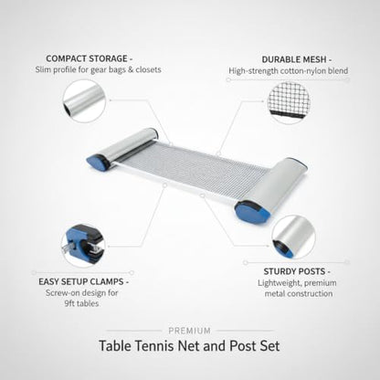 Table Tennis Net and Post Set, Durable Cotton-Nylon Mesh with Screw-On Clamps for Standard 9ft Tables