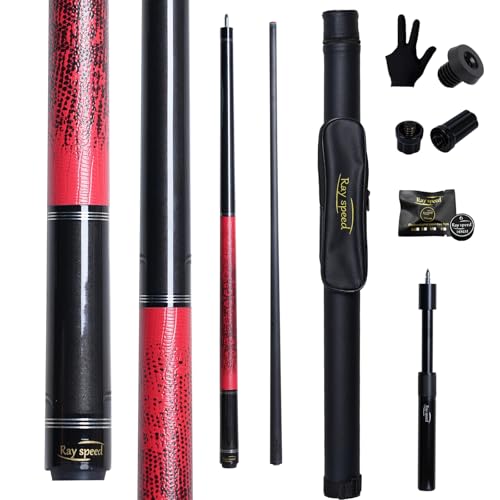Carbon Fiber Pool Cue Stick 12.5mm Rainbow Tip Low Deflection Pool Stick with Uni-loc Pin Joint and Extension Pool Stick-20 oz - color: Red