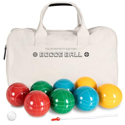 Play Platoon Bocce Ball Set Regulation Size Game Set - 107mm with 8 Hard Polyresin Premium Balls, Pallino, and Professional Carry Bag & Measuring Rope - Outdoor Games for Backyard, Lawn, Beach