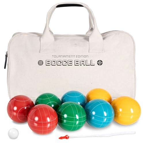 Play Platoon Bocce Ball Set Regulation Size Game Set - 107mm with 8 Hard Polyresin Premium Balls, Pallino, and Professional Carry Bag & Measuring Rope - Outdoor Games for Backyard, Lawn, Beach