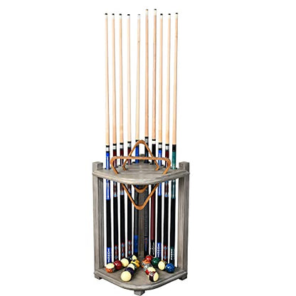 CROWN ME Deluxe Corner Floor Cue Rack, Pool Cue Holder - Smoky Finish, Solid Hardwood, Holds 10 Cues, 16.5-in W x 16.5-in D x 28-in H
