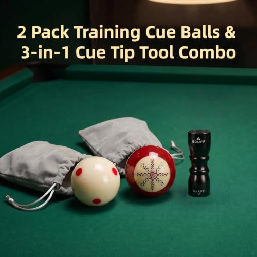 Billiard Training Cue Balls & 3-in-1 Cue Tip Tool Combo, 2-1/4" Regulation Red Dot & Dual-Sided Pool Balls, Billiard Accessories Kit for 8-Ball Game