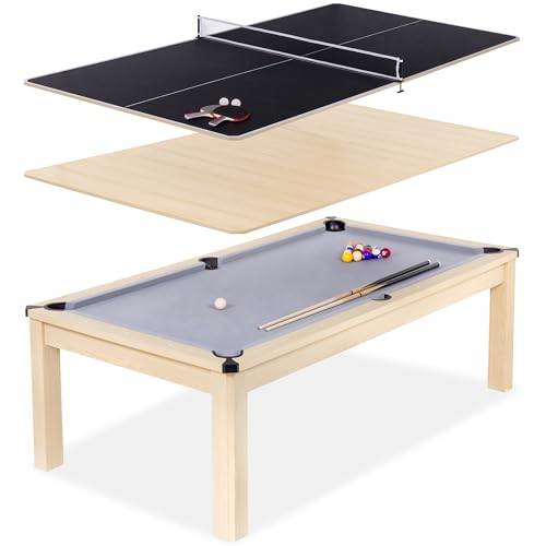 GoSports 3 in 1 Pool, Dining, & Table Tennis Combo Table and Storage Benches - 7 ft or 8 ft - Convertible Billiards and Table Tennis with Accessories - color: 8 ft Light Birch Table