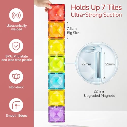 Magnetic Tiles for Kids Gift: 48 PCS Diamond Large Magnet Building Blocks in Storage Tin Box - 7.5cm Big Size 3D STEM Sensory Toy - Boys Girls Age 3-6 Birthday Party - style: Large Magnetic Tiles - 48PCS