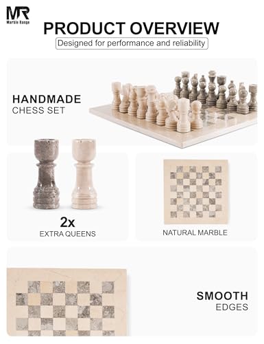 Marble Chess Set 12" Inches Verona and Oceanic with Storage Box and 2 Extra Queen Handmade Classic Board Games for Adults, Luxury Chess Board & Marble Chess Set for Adults - color: Verona & Oceanic