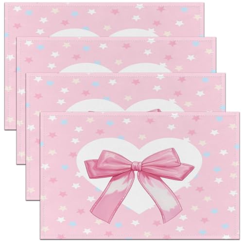 Pink Bow Tie Kids Placemats Set of 4,Bowknot Stars Love Heart Romantic Table Place Mats,Princess Cute Coquet Kitchen Decor,Pink Placemat Kitchen Table Decoration 12"x18" - color: Pink