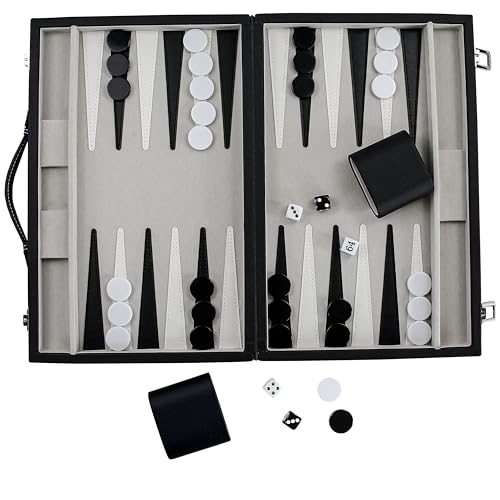 Backgammon Sets for Adults, 15" Backgammon Set Leather Large, Travel Backgammon Board Games - Classic Board Game (Grey Inner Lining) - color: Grey