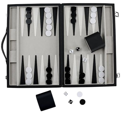 Backgammon Sets for Adults, 15" Backgammon Set Leather Large, Travel Backgammon Board Games - Classic Board Game (Grey Inner Lining) - color: Grey