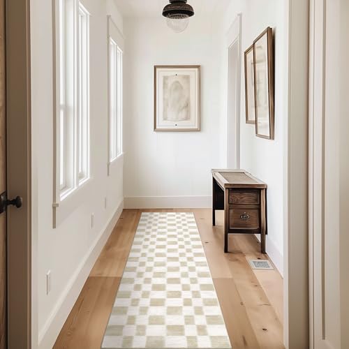 EVERGRACE Checkered Plaid Area Rug, Soft Fuzzy Faux Wool, 2x8, Washable Anti Slip Long Runner Carpet for Entryway, Bedroom, Living Room, Hallway, Kitchen, Dining Room and Laundry, Beige - color: Beige, size: 2' x 8' (Runner)