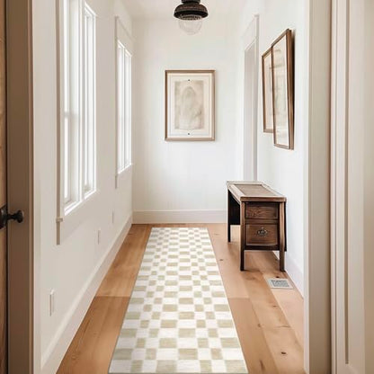 EVERGRACE Checkered Plaid Area Rug, Soft Fuzzy Faux Wool, 2x8, Washable Anti Slip Long Runner Carpet for Entryway, Bedroom, Living Room, Hallway, Kitchen, Dining Room and Laundry, Beige - color: Beige, size: 2' x 8' (Runner)