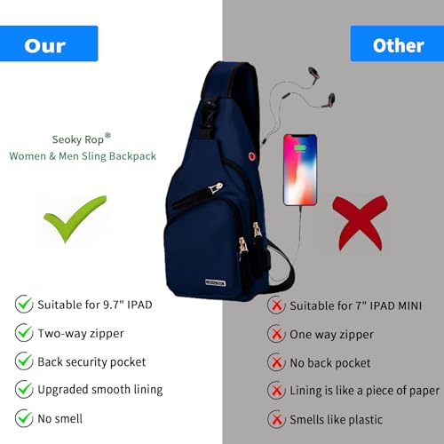 Seoky Rop Men Women Sling Backpack Nylon Water Resistant Shoulder Chest Crossbody Sling Bag with USB Charging Port - color: Dark Blue
