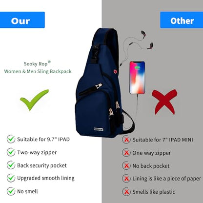 Seoky Rop Men Women Sling Backpack Nylon Water Resistant Shoulder Chest Crossbody Sling Bag with USB Charging Port - color: Dark Blue