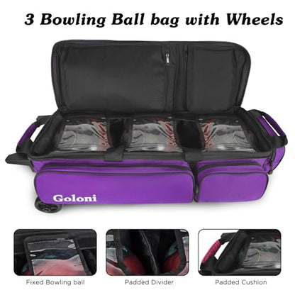 Goloni 3 Ball Bowling Bags with Wheels - Rolling Bowling Bag for 3 Balls & Accessories - Retractable Handle Extends to 38 - color: Purple