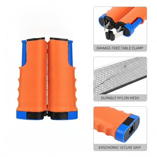 Retractable Table Tennis Net Set, Portable Nylon Ping Pong Net for Flat Surfaces, Damage-Free Setup - color: Orange