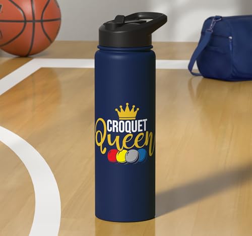 Croquet Queen - Lawn Game Mallet Wicket Hoop Ball Stainless Steel Insulated Water Bottle - color: Navy Blue