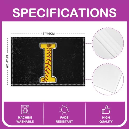 Erosebridal Initial I Letter Placemats 12x18 inch Set of 4 Baseball Sport Place Mats for Dining Table | Monogrammed Table Place Mats Softball Accessories Yellow Black Scratch Proof Placemats - color: Yellow I
